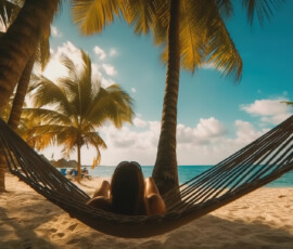 back view woman laying in a hammock in between two palm trees on a tropical beach holding a drink relaxing. Generative Ai
