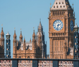 Big Ben, Westminster Bridge on River Thames in London, the UK. English symbol. Lovely puffy clouds, sunny day