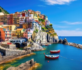 Colorful village of Manarola in Cinque Terre, Italy, Manarola traditional typical Italian village in National park Cinque Terre, colorful multicolored buildings houses on rock cliff, AI Generated