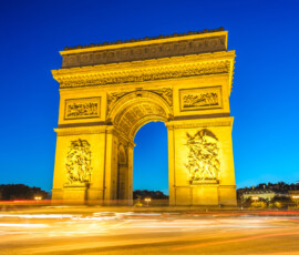 Night scene of Arc de Triomphe, the most famous monuments in Paris, France