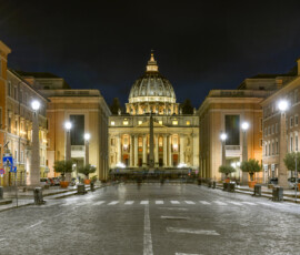 Saint Peter's Basilica at night in the Vatican City in Rome, Italy