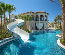 White waterslide flowing into a beautiful turquoise swimming pool in a luxury tropical resort