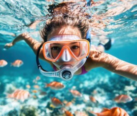 Girl enjoying snorkeling, swimming underwater and exploring beautiful coral reef and colorful fish